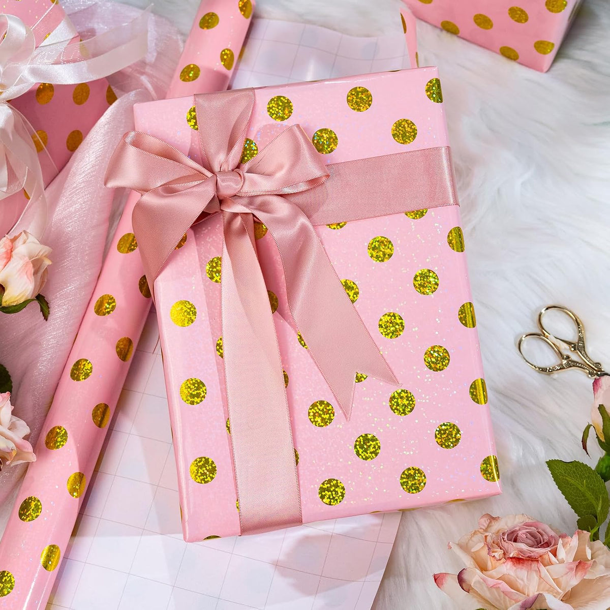 Burymento Pink Holographic Dots Wrapping Paper, Reversible Gold Gift Wrap for Birthday, Valentines