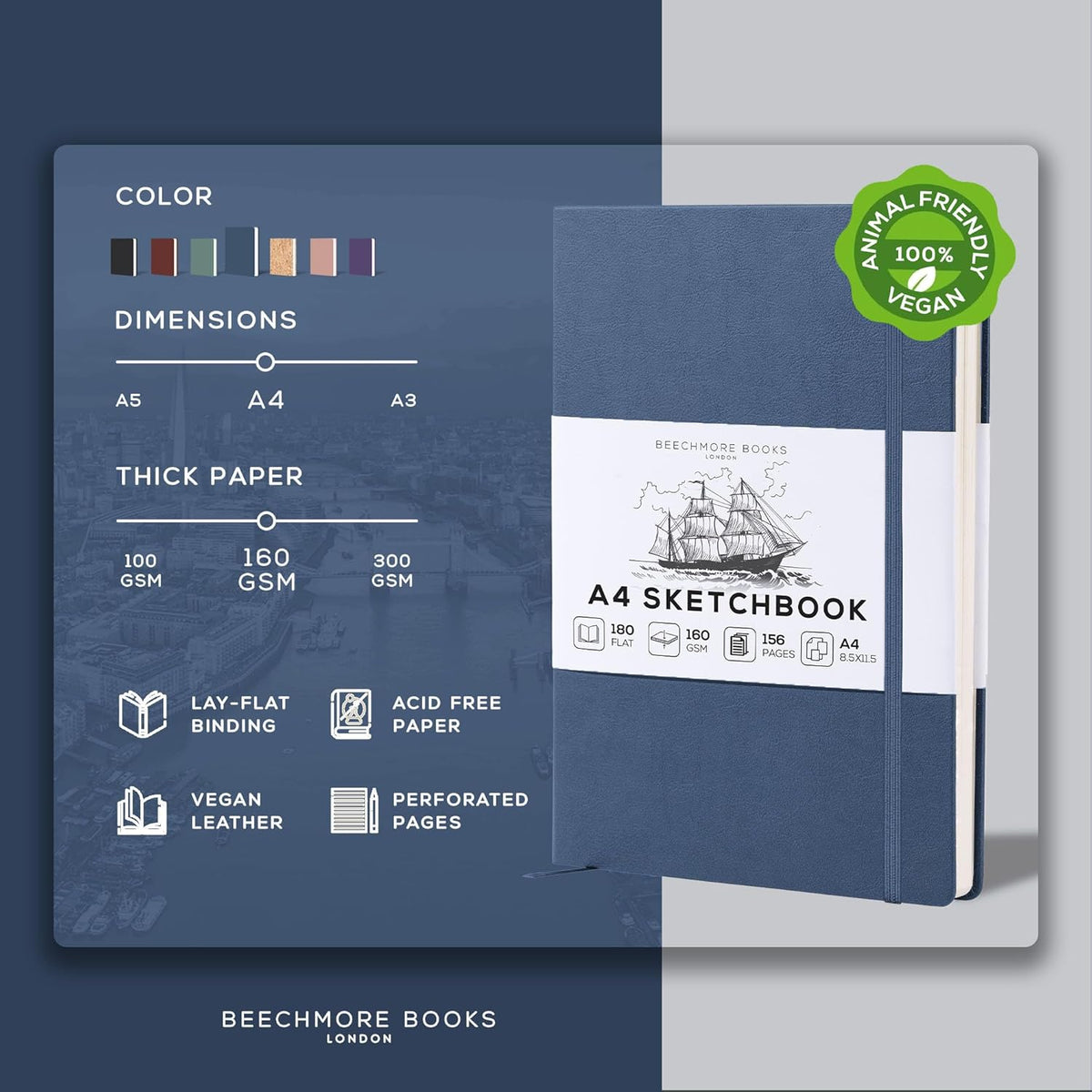 Beechmore Books A4 Sketchbook ??8.5x11 Premium Vegan Leather Bound Large Sketch Book Hardcover with