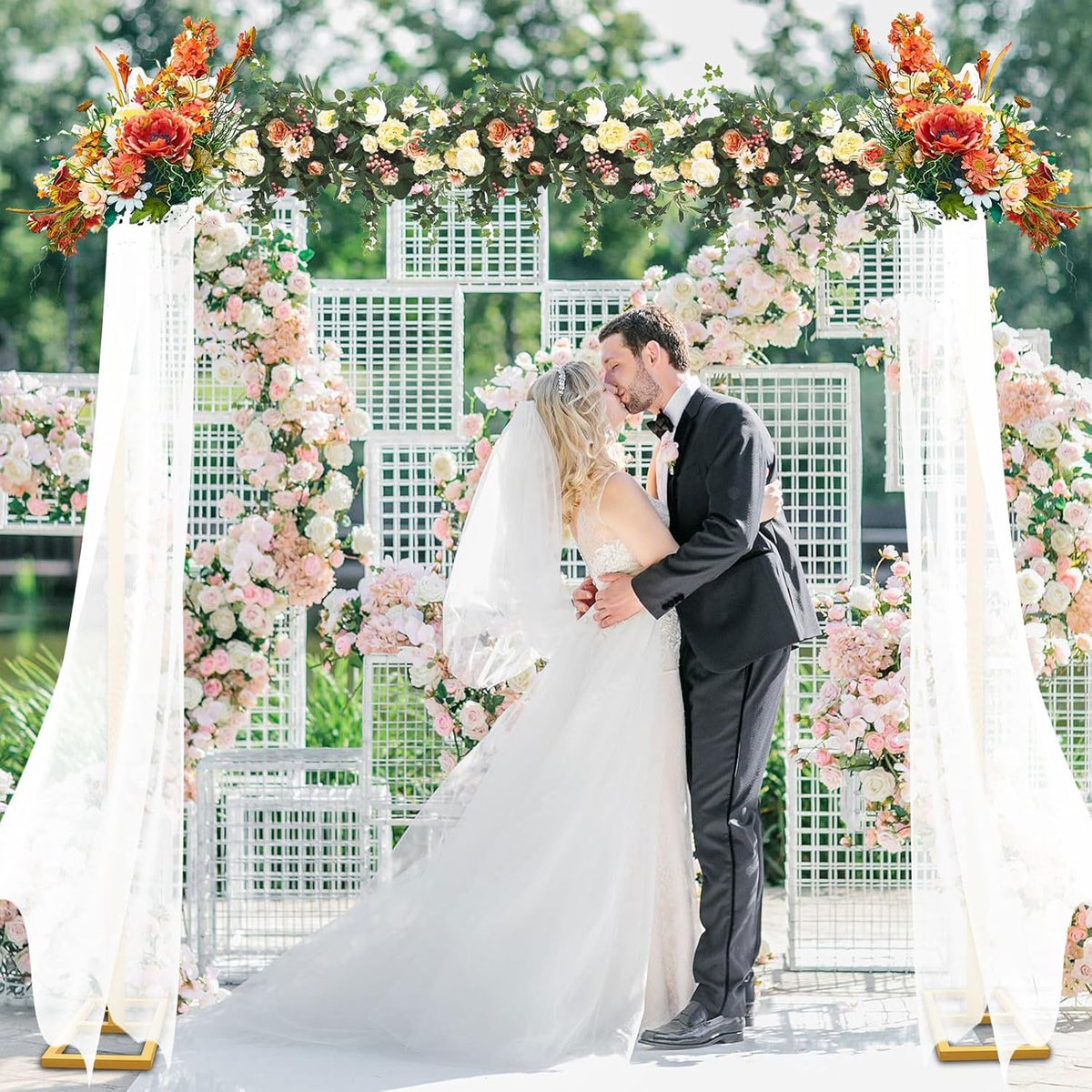 8FT Wedding Arch Backdrop Stand, Gold Square Back Drop Adjustable Stand Metal Arch Heavy Duty
