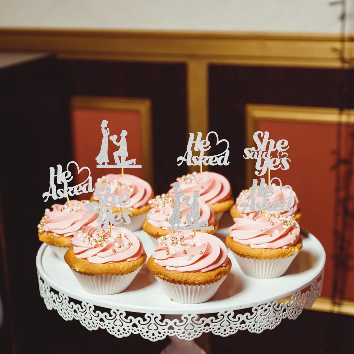 Sotpot 24PCS He Asked She Said Yes Cupcake Toppers With Heart Silver Glitter for Wedding Bridal