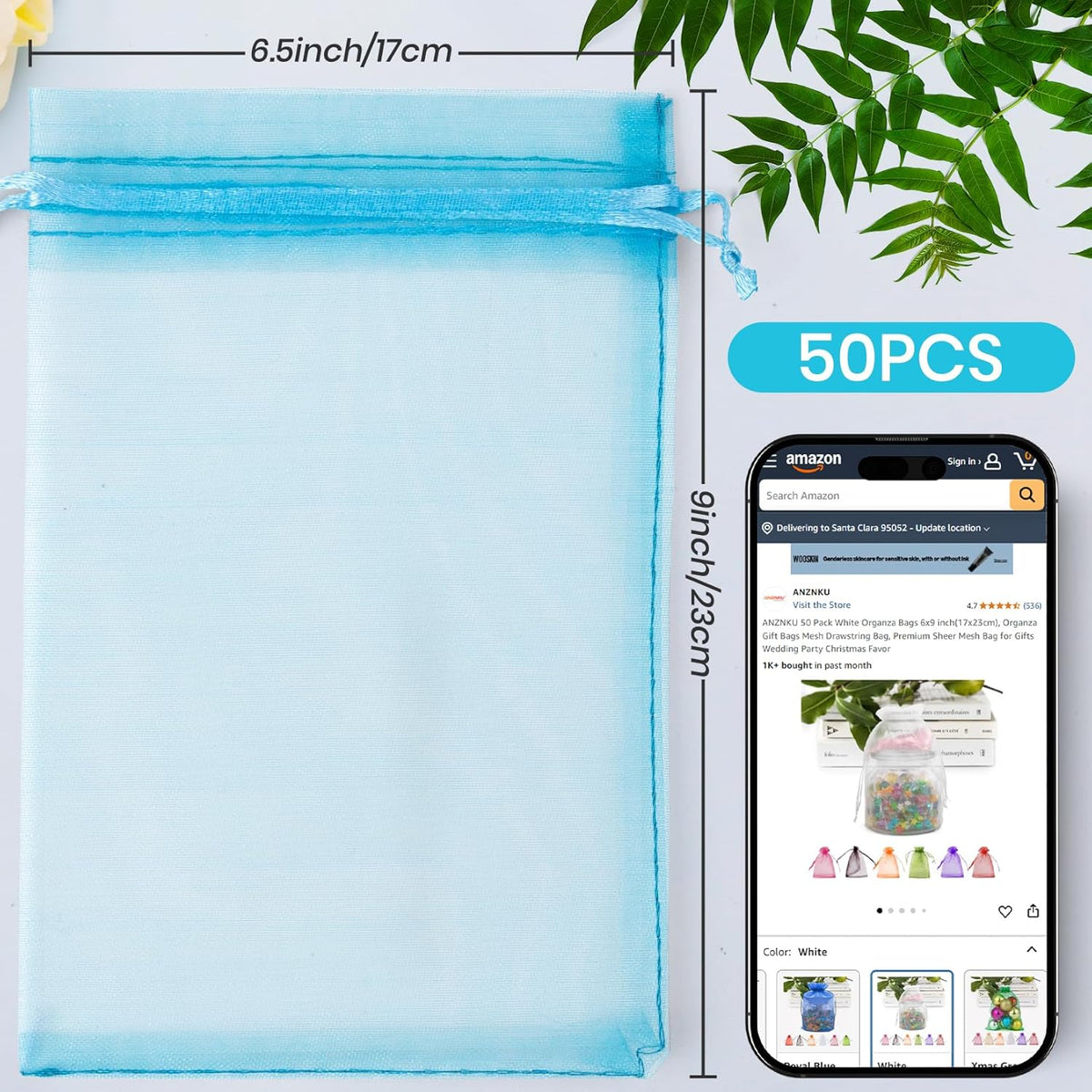 ANZNKU 50 Pack Organza Bags 6x9 Inch, Mesh Bag Drawstring Large Organza Gift Bags for Baby Shower