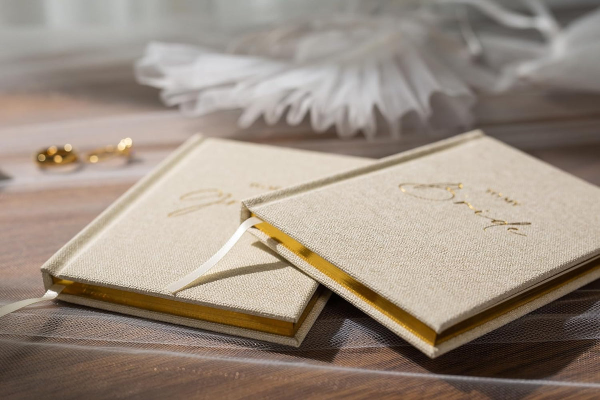 Hard Cover Vow Books (Set of 2) - To My Bride & To My Groom Matching Ivory Pocket Sized Foil
