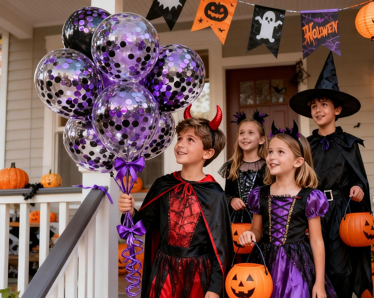 50pcs Purple and Black Foil Confetti Balloons,12 inch Latex Balloon with Purple Black Confetti