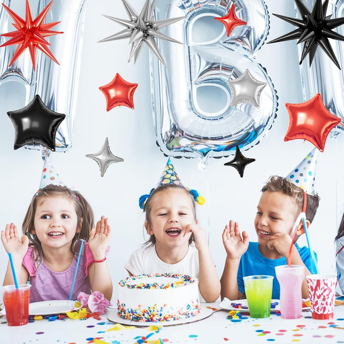 16 Pcs Red Black Silver Star Balloons,22/18/10 Inch Foil Balloons, Four-Pointed Balloon for