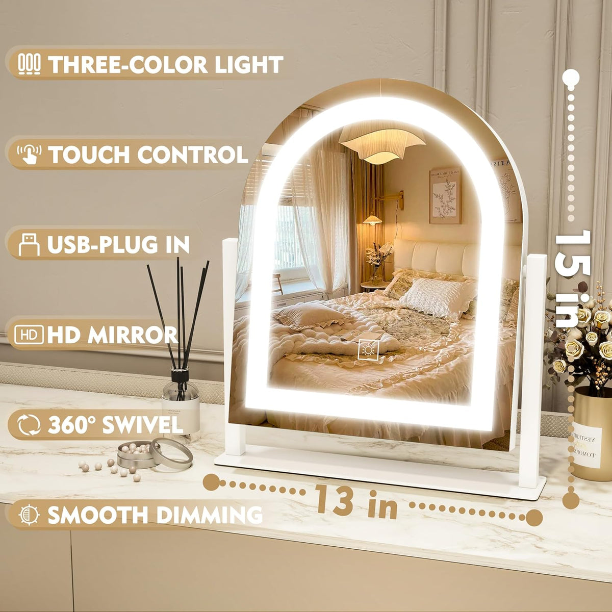 Lighted Makeup Mirror with 3-Color Dimmable Lighting, with Removable 10x Magnifier, Smart Touch