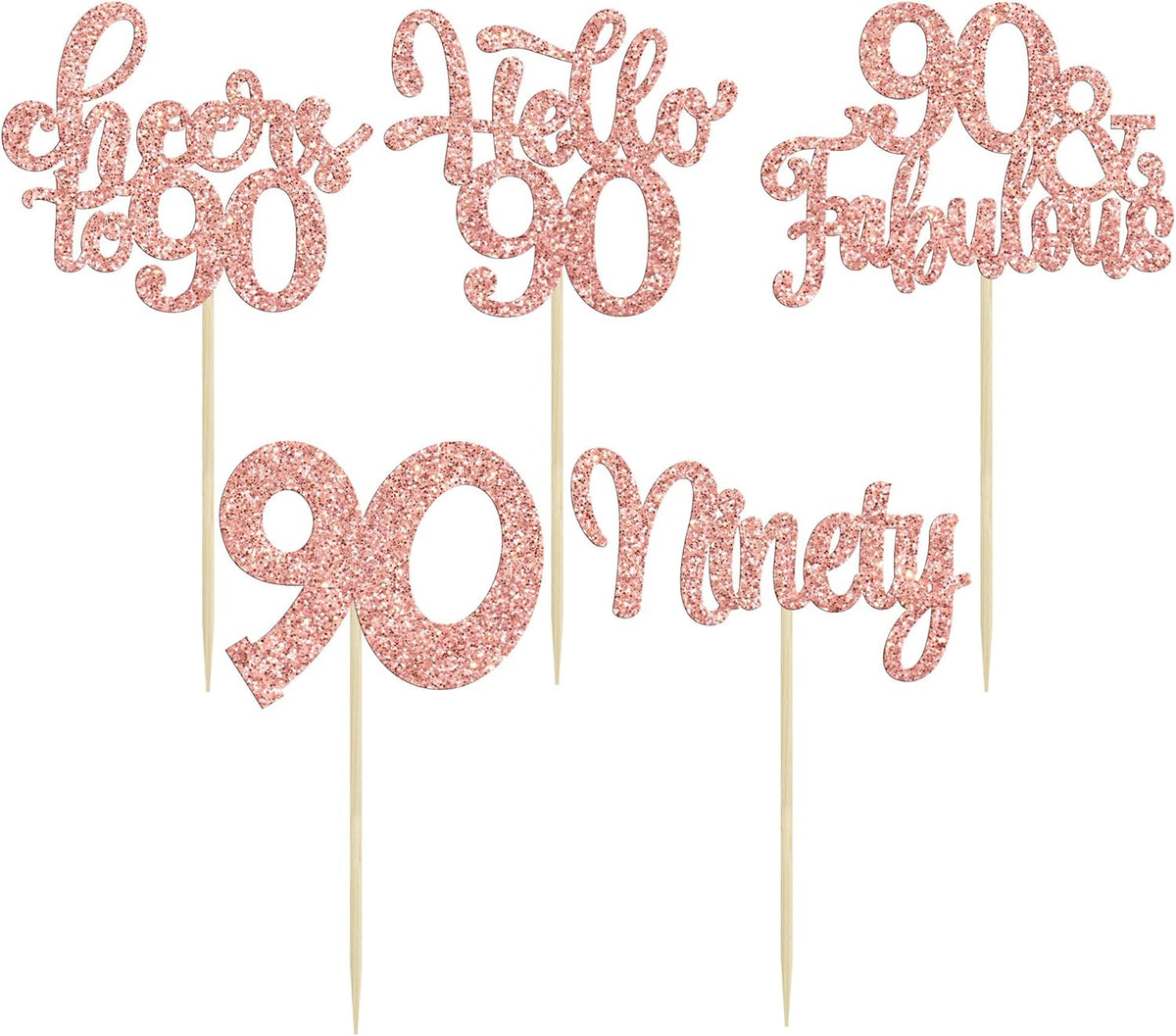Gyufise 30pcs Happy 90th Birthday Cupcake Toppers - Rose Gold Glitter Ninety Cheers to 90 Years Old