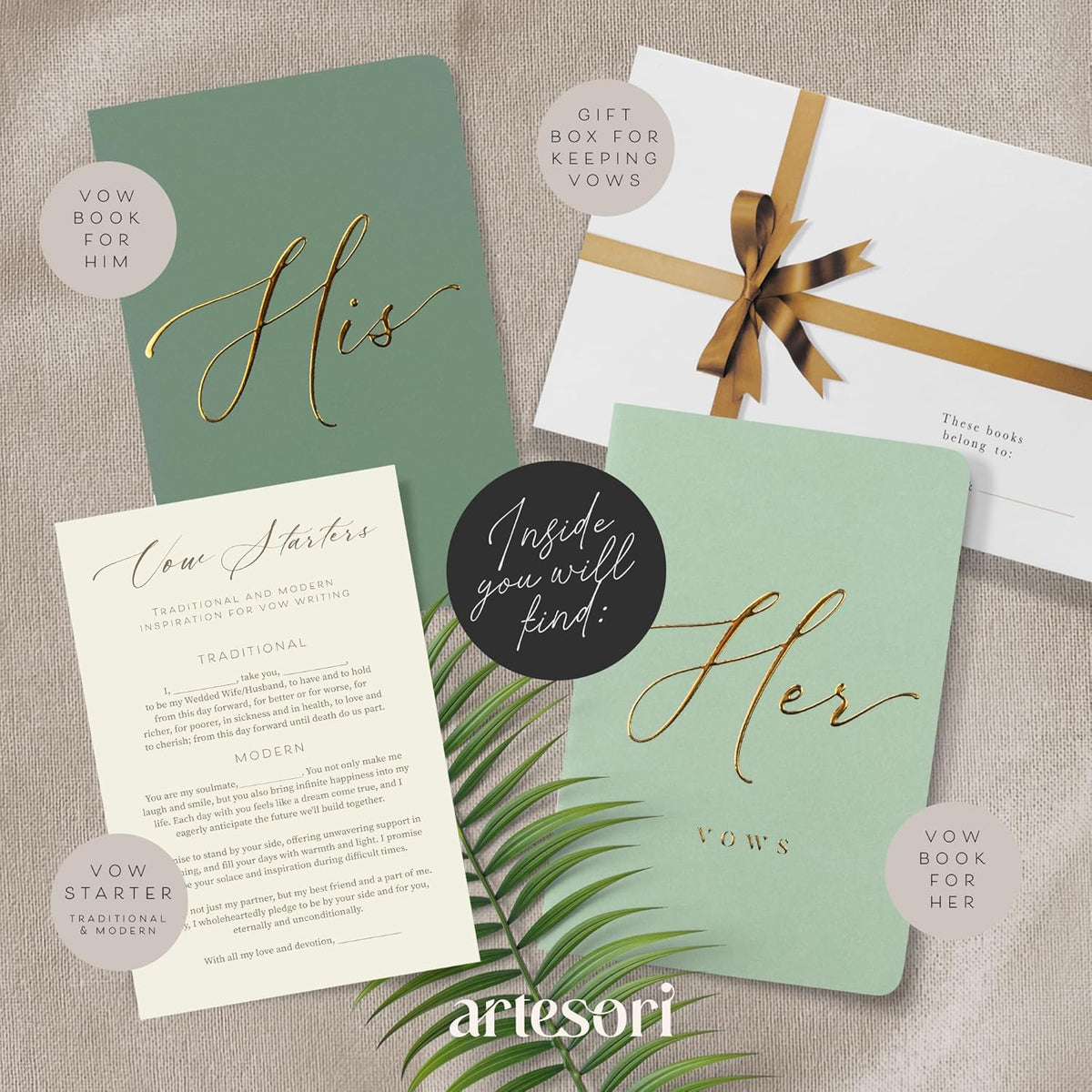 ARTESORI Premium Wedding Vow Book for Her & Him, Soft Touch, Gold Foil, 28 Lined Pages, Vow Books