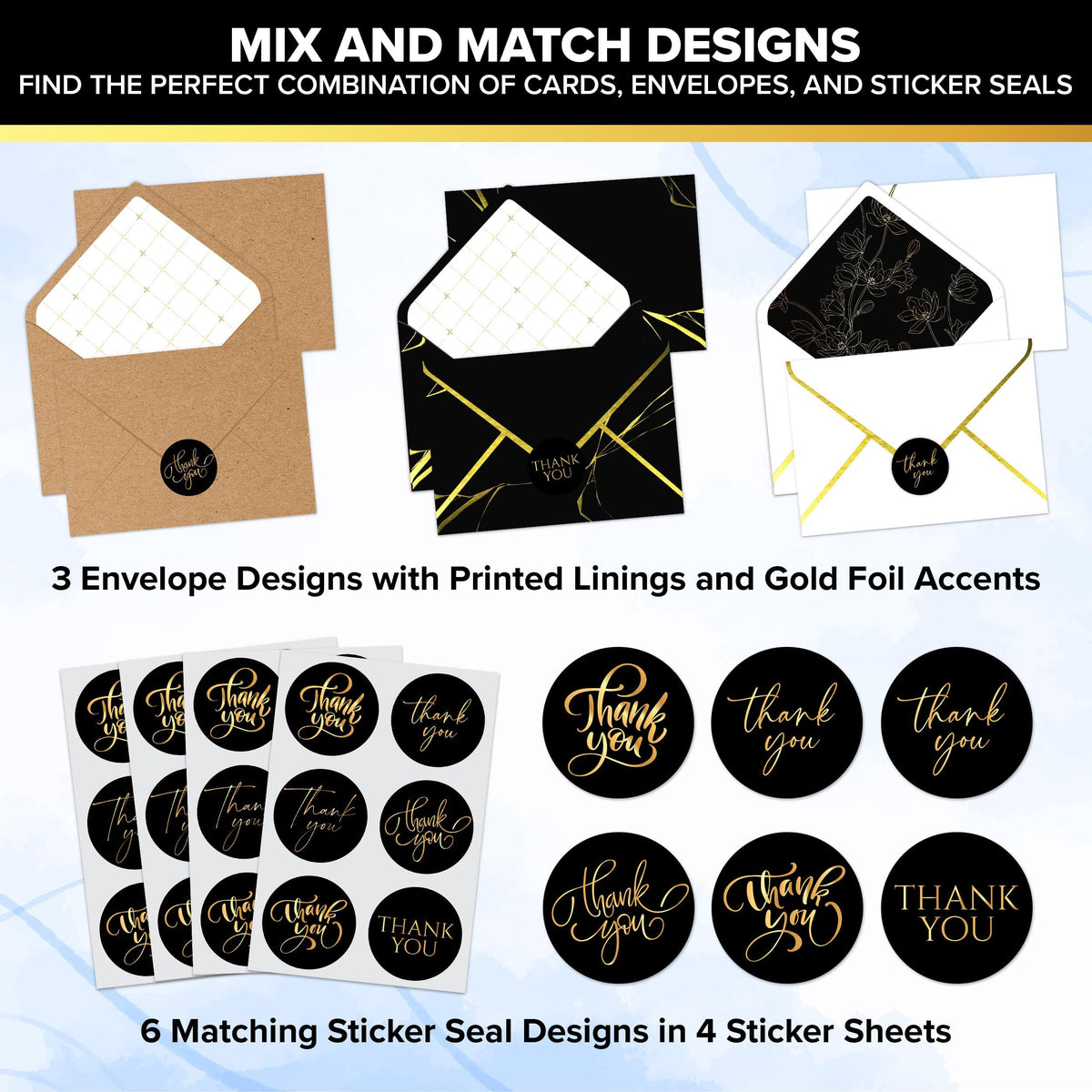 Decorably 24 Pack Gold Foil 6x4in Black Thank You Cards with Envelopes