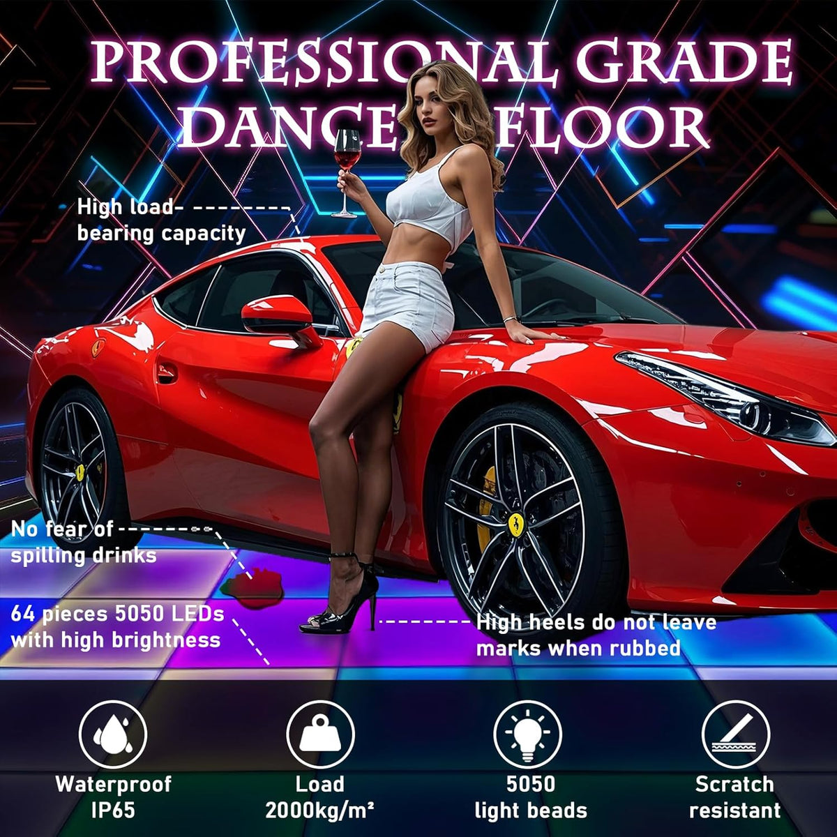 Dance Floor Stage Lights-Tempered Glass with Flight Case - RGB Color Changing Lights for Wedding