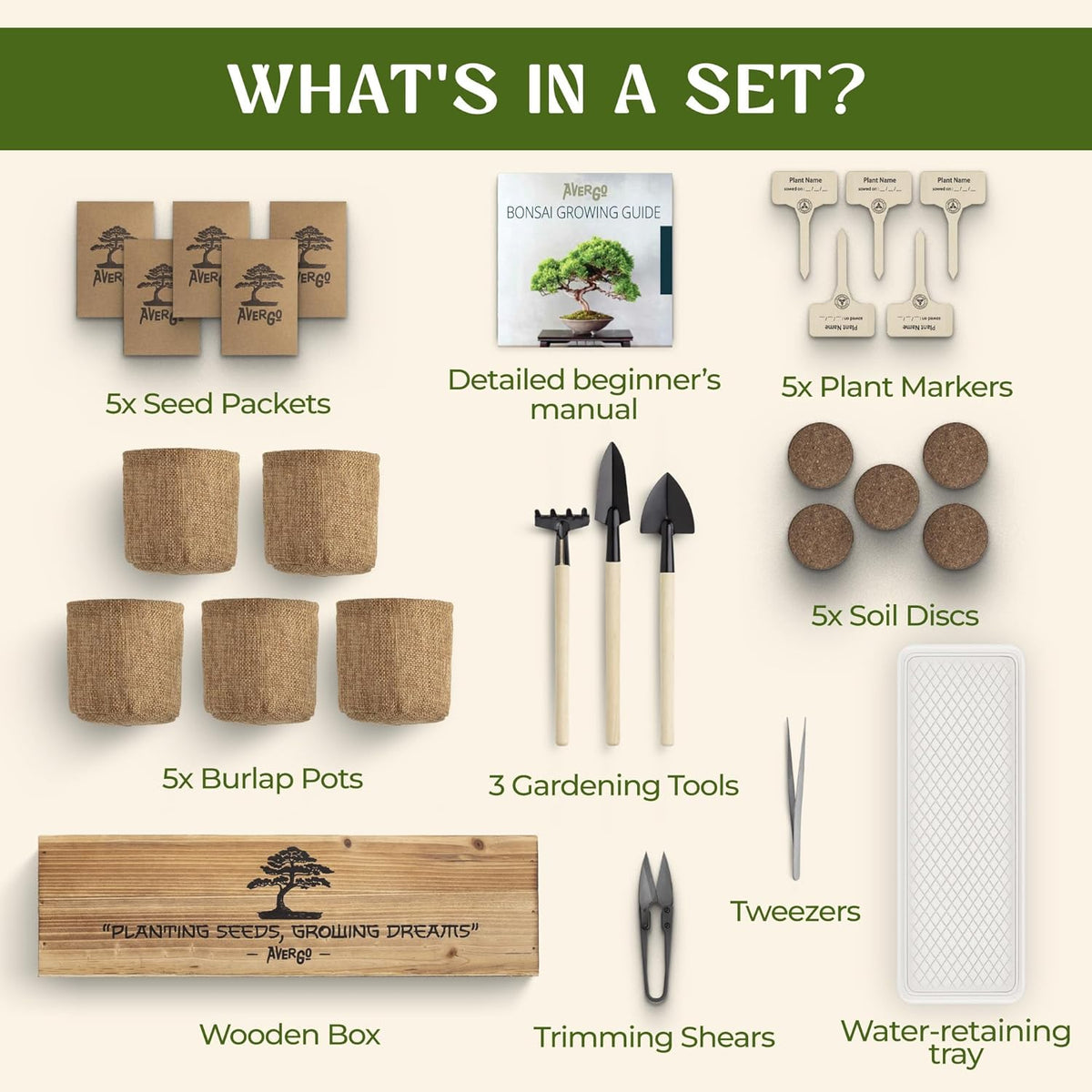 AVERGO Bonsai Tree Kit for Beginners – 5X Unique Japanese Bonzai Trees | Complete Indoor Starter