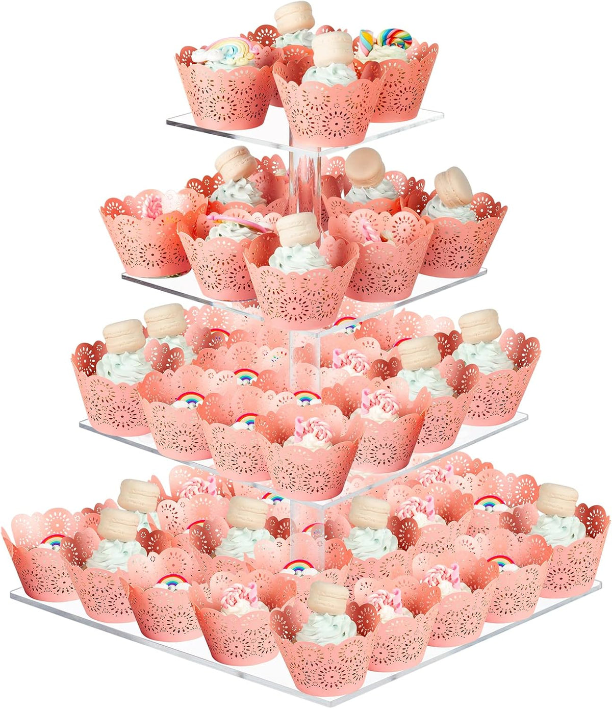 Cupcake Stand, 4 Tier Square Acrylic Cupcake Display Stand Holder, Clear Dessert Pastry Tower for