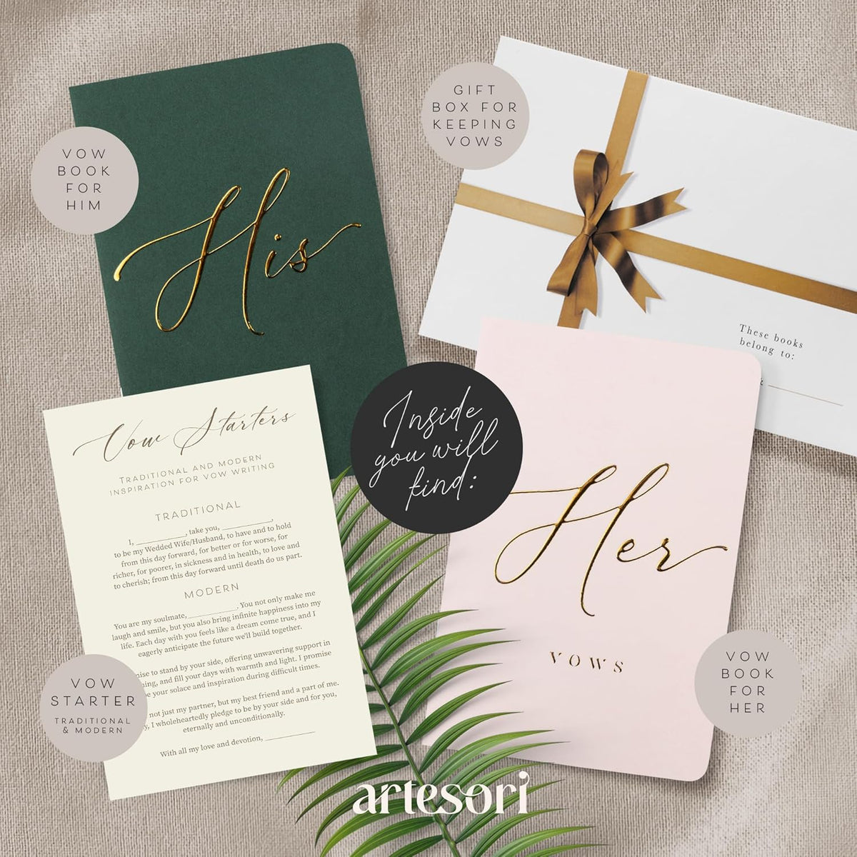 ARTESORI Wedding Vow Book for Her & Him, Soft Touch, Gold Engraving, 28 Lined Pages, Wedding Vow