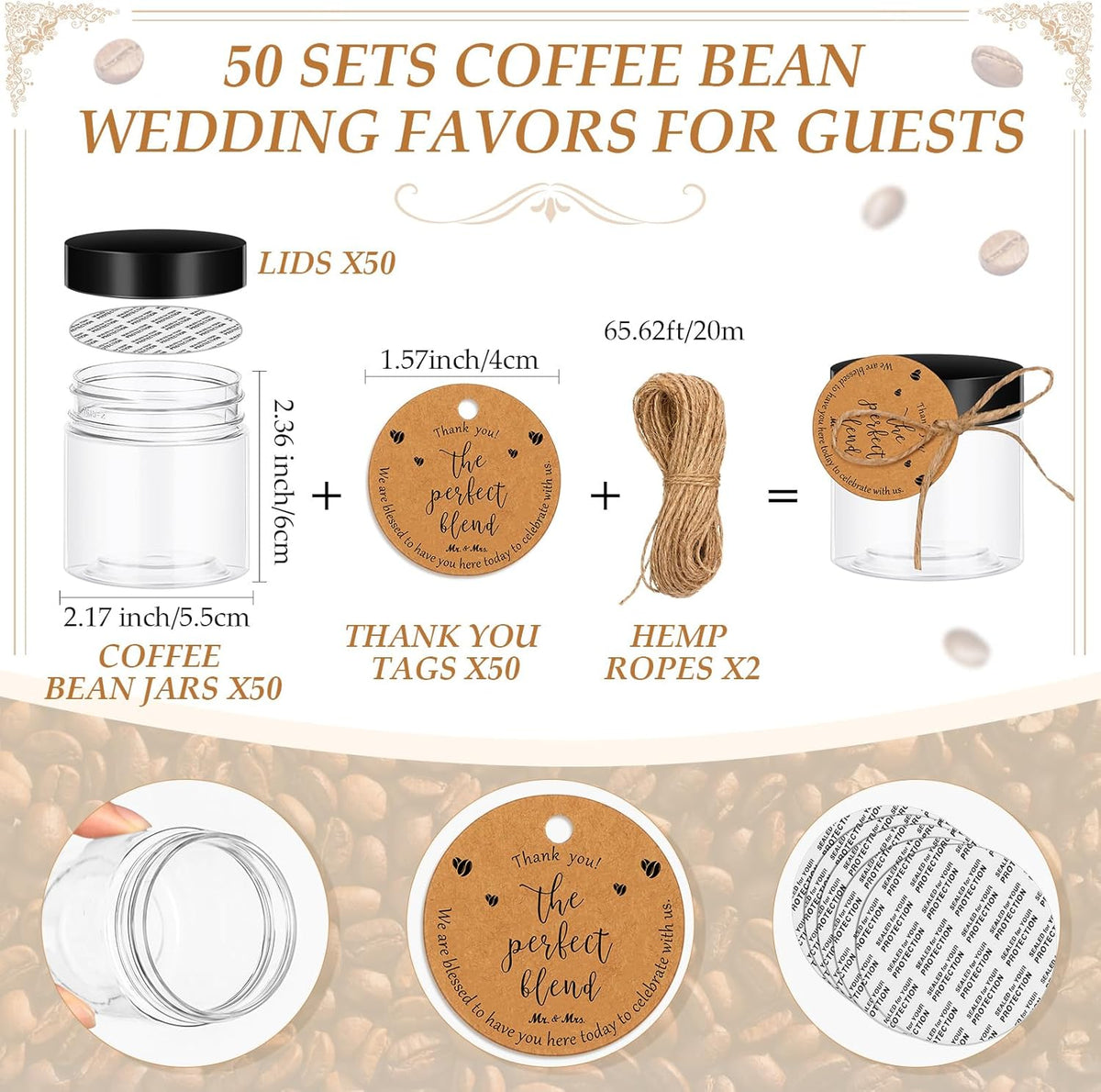 102 Pcs Coffee Bean Wedding Favors for Guests 50 Coffee Bean Jars with Lids 50 Thank You Tags