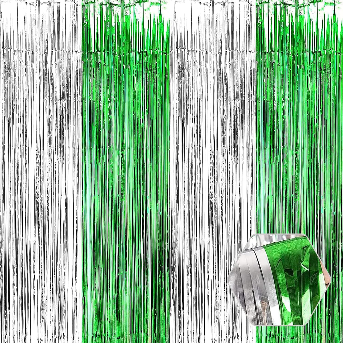 3 Pack Silver Green Foil Fringe Curtain Backdrop, 3.28Ft x 8.2Ft Metallic Tinsel Foil Fringe