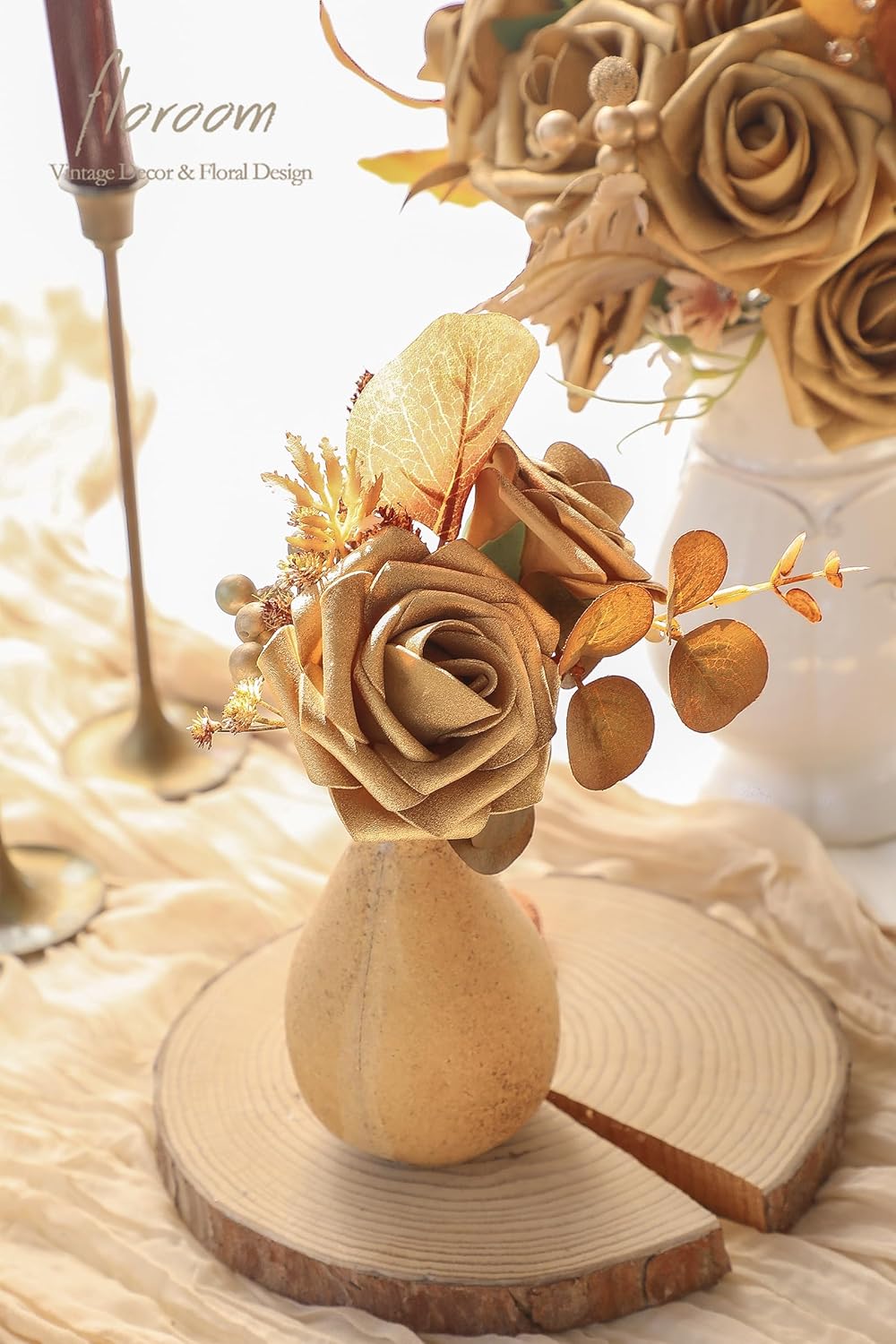Floroom Artificial Flowers 25pcs Real Looking Antique Gold Foam Fake Roses with Stems for DIY