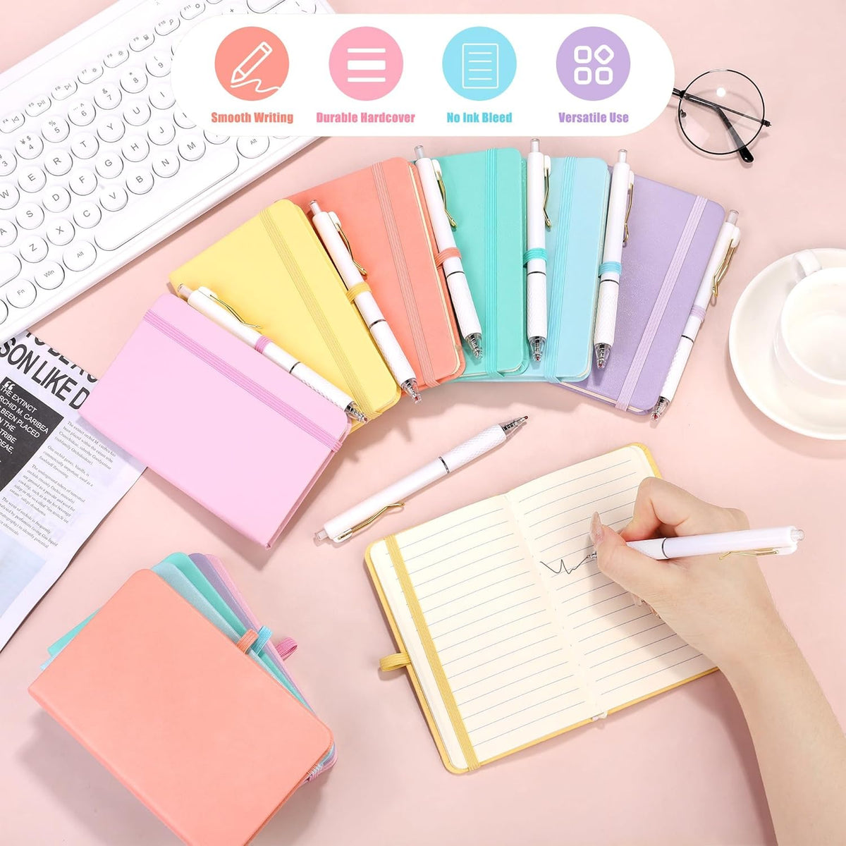 Aneco 50 Sets Pocket Notebook Journals with Pens, A6 Mini Hardcover PU Leather Lined Notebooks 3.5