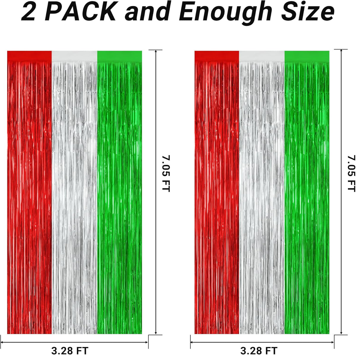 2 Pack Christmas Backdrop, 3.28 FT x 7.05 FT Red Silver Green Party Streamer, Metallic Xmas