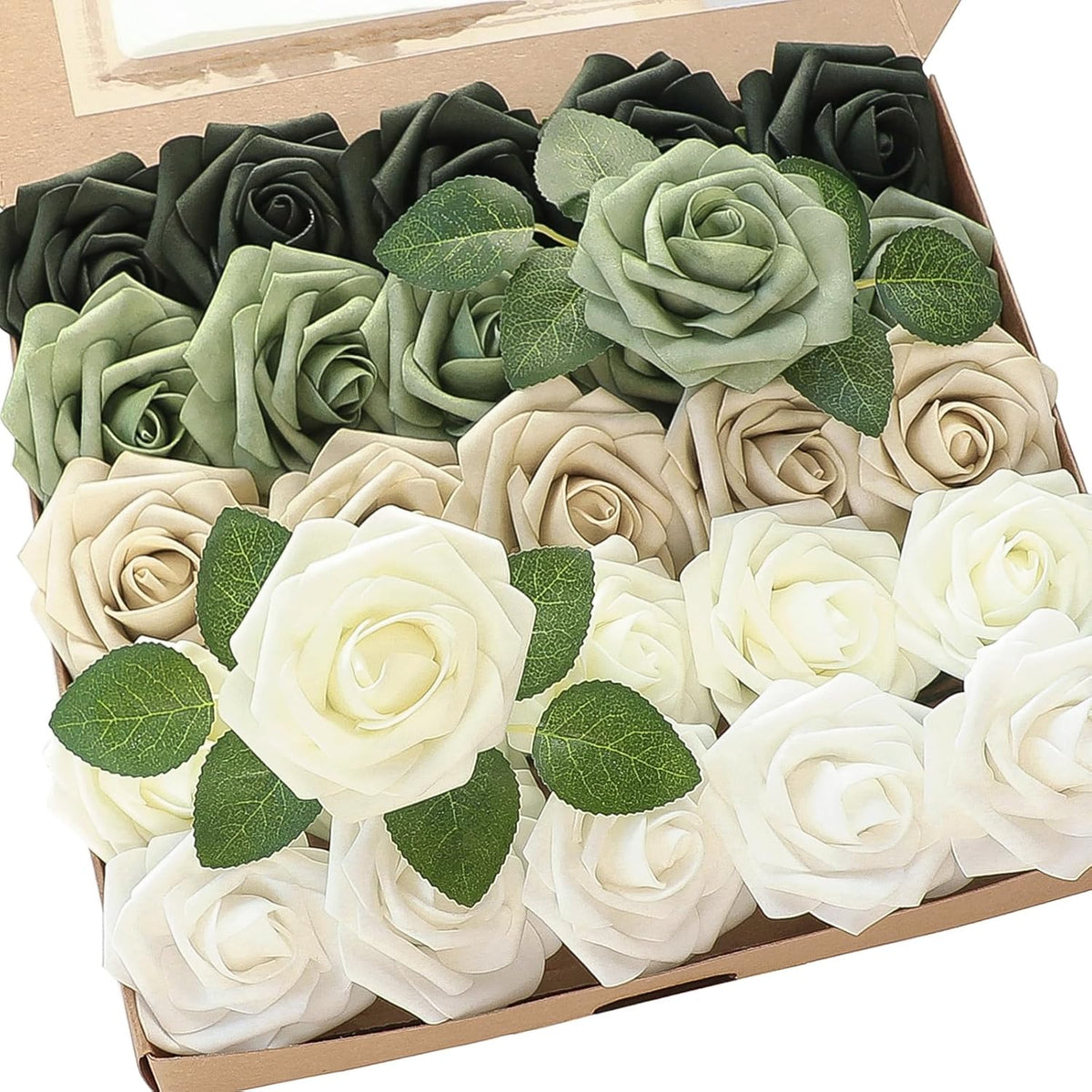Floroom Artificial Flowers 25pcs Real Looking Emerald Green Ombre Colors Foam Fake Roses with Stems