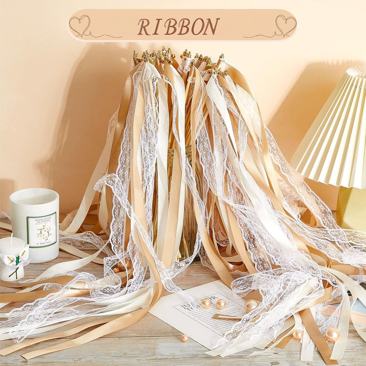 Taiyin 150 Pcs Lace Ribbon Stick Wands Wedding Wand Streamers with Bell Silk Ribbon Fairy Wand