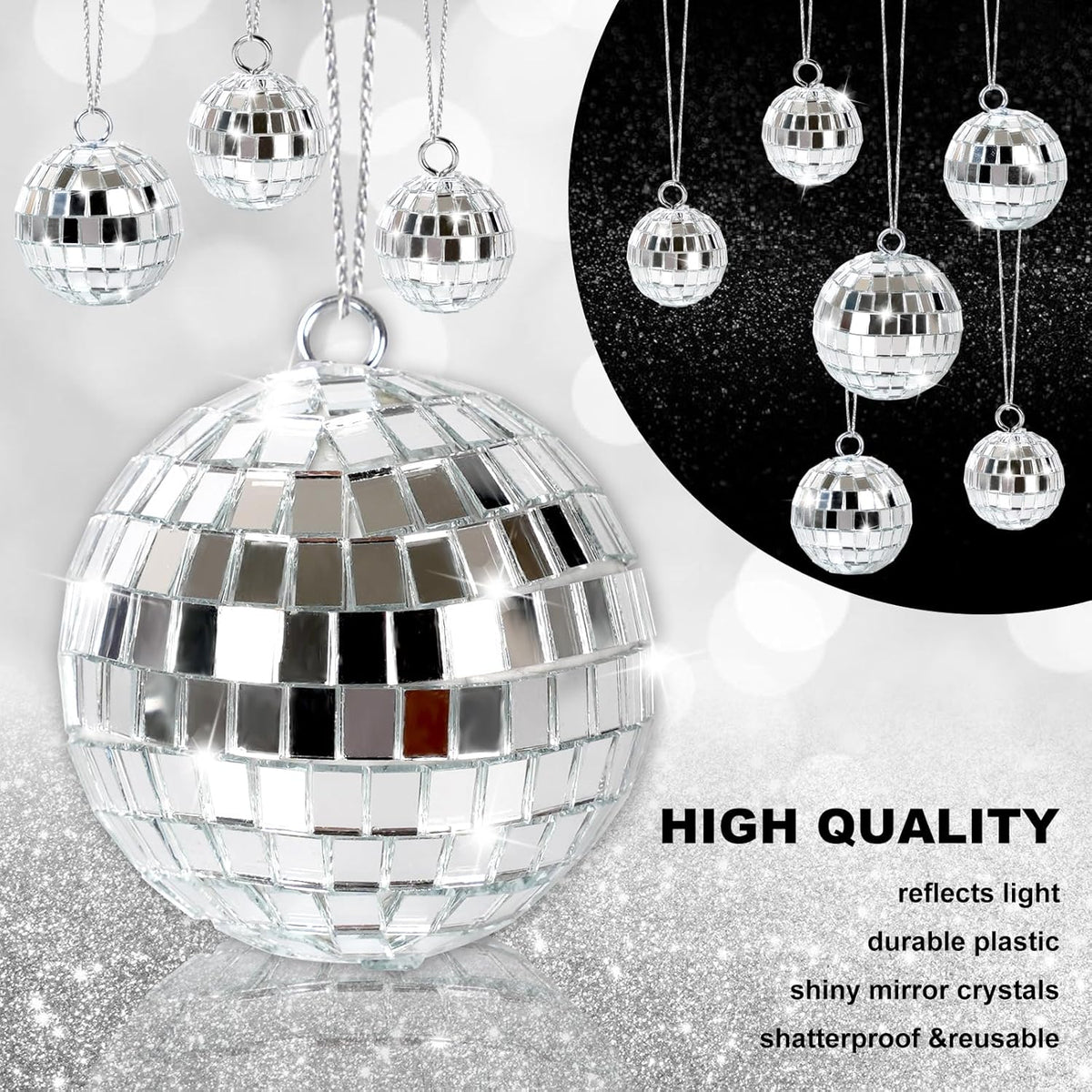 20 Pcs Mirror Disco Ball Hanging Ornaments Silver Glass Decor 70s Disco Party Decorations Ornament