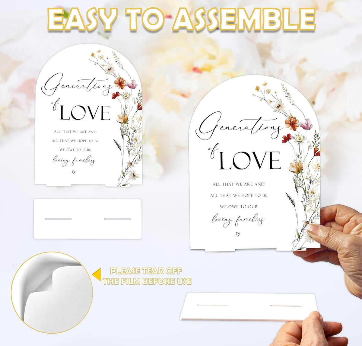 Boho Floral Generations Of Love Sign, 6 x 8 Inch White Arch Acrylic Wedding Sign with Holder