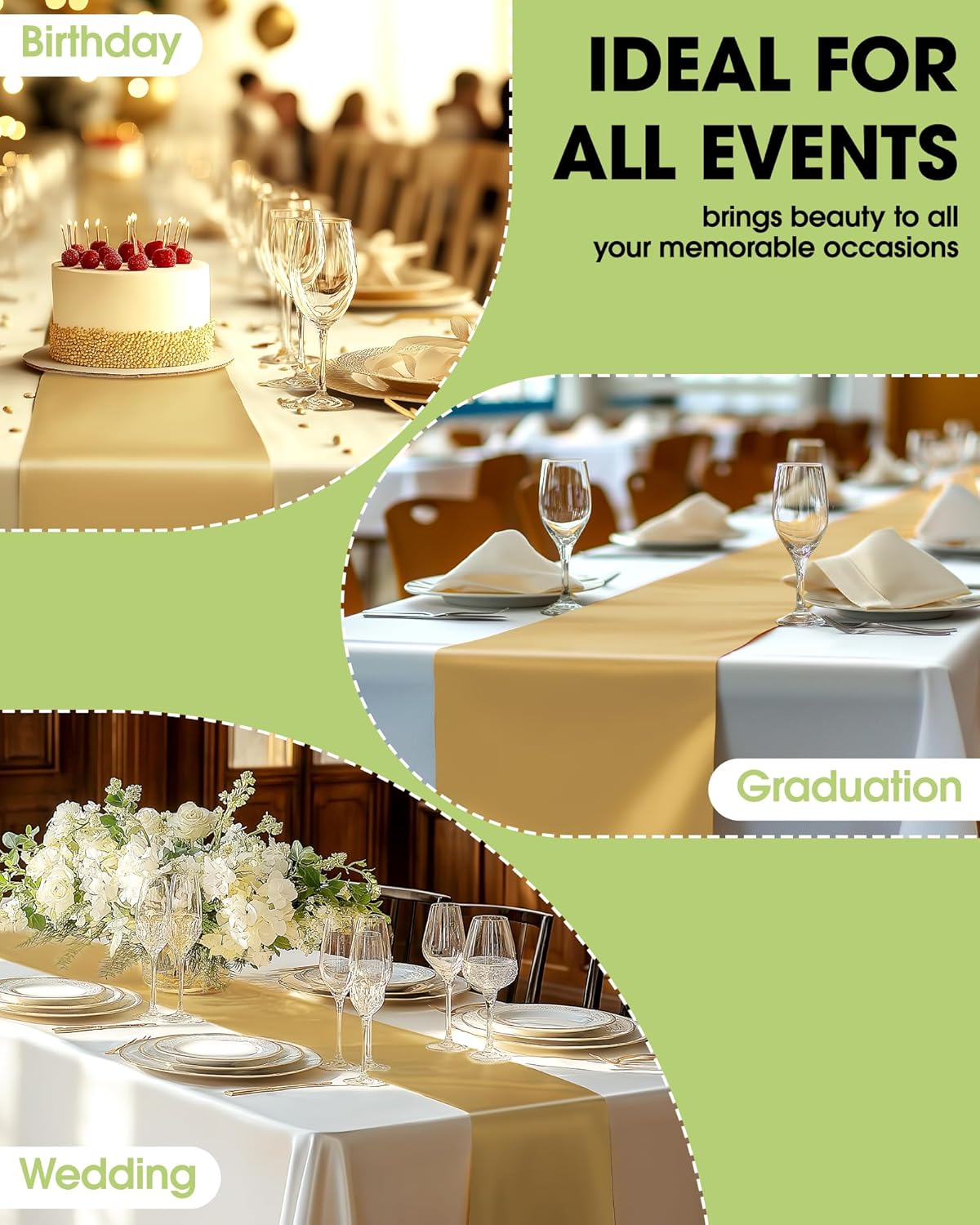 Pureegg Gold Plastic Table Runners - 10 Pack, 14'' x 108'', Water Resistant & Disposable