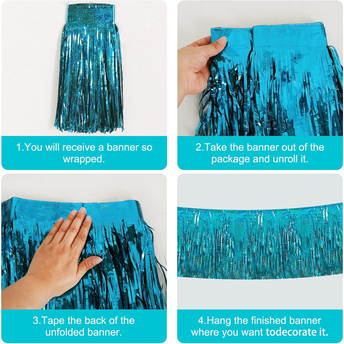 BEISHIDA 3 Packs Metallic Foil Fringe Garland Laser Lake Blue Wall Hanging Tinsel Fringe Banners