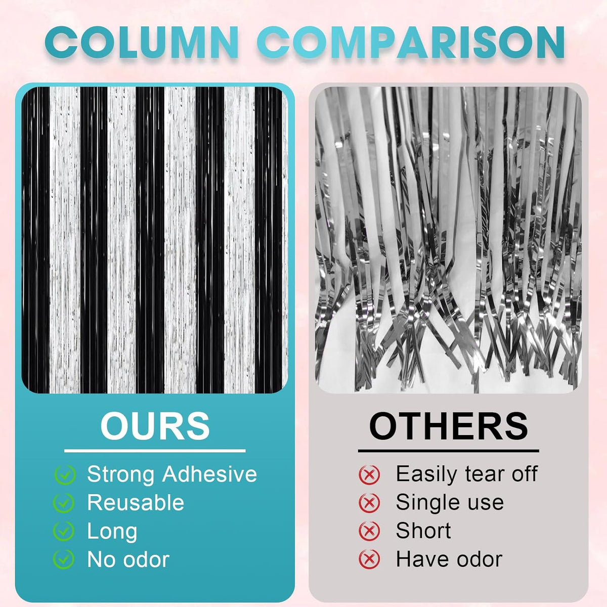 2 Pack Black and Silver Tinsel Foil Fringe Curtains, Black White Party Decorations, Metallic Tinsel