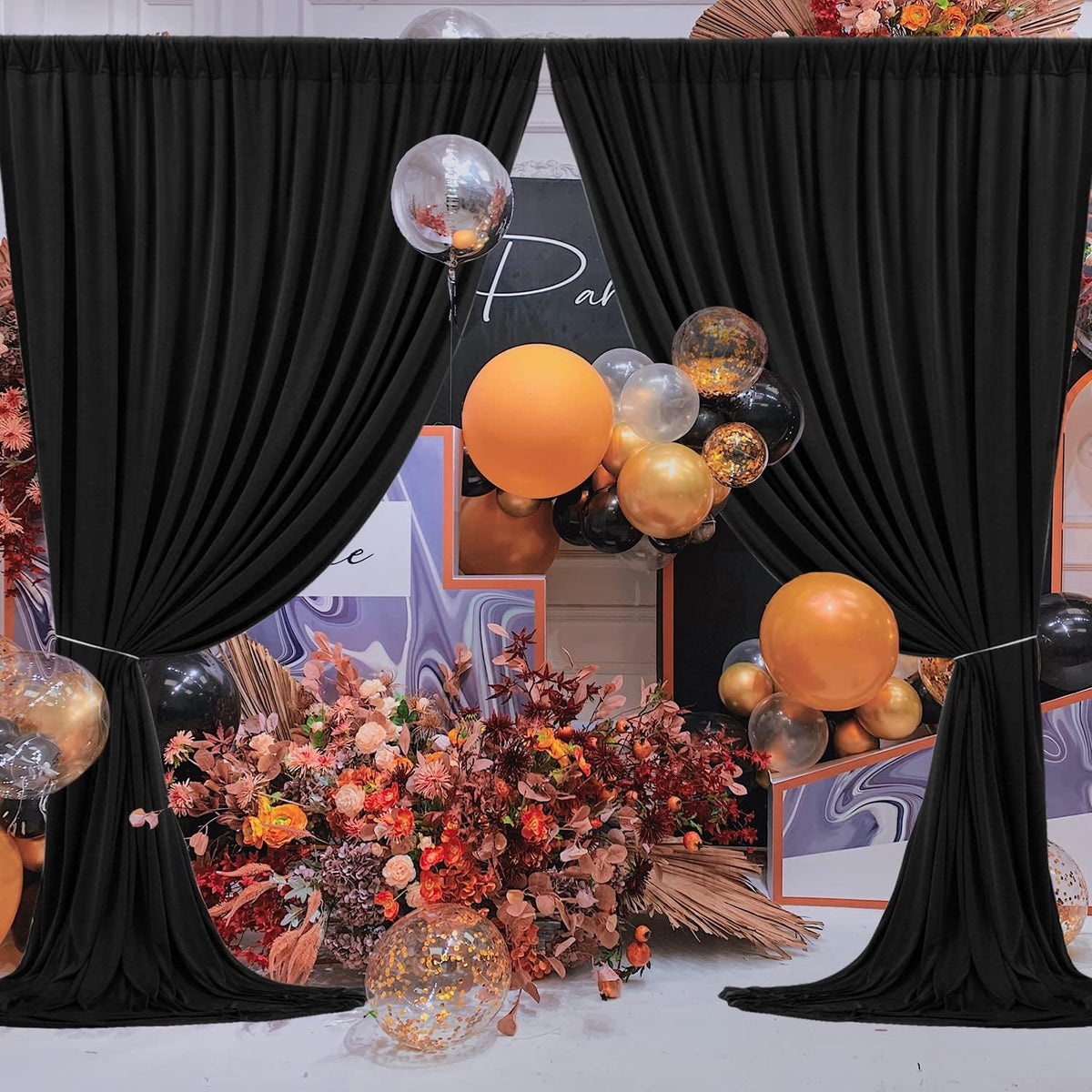 50 ft x 10 ft Wrinkle Free Black Backdrop Curtain for Parties, 10 Panels Polyester Black Photo