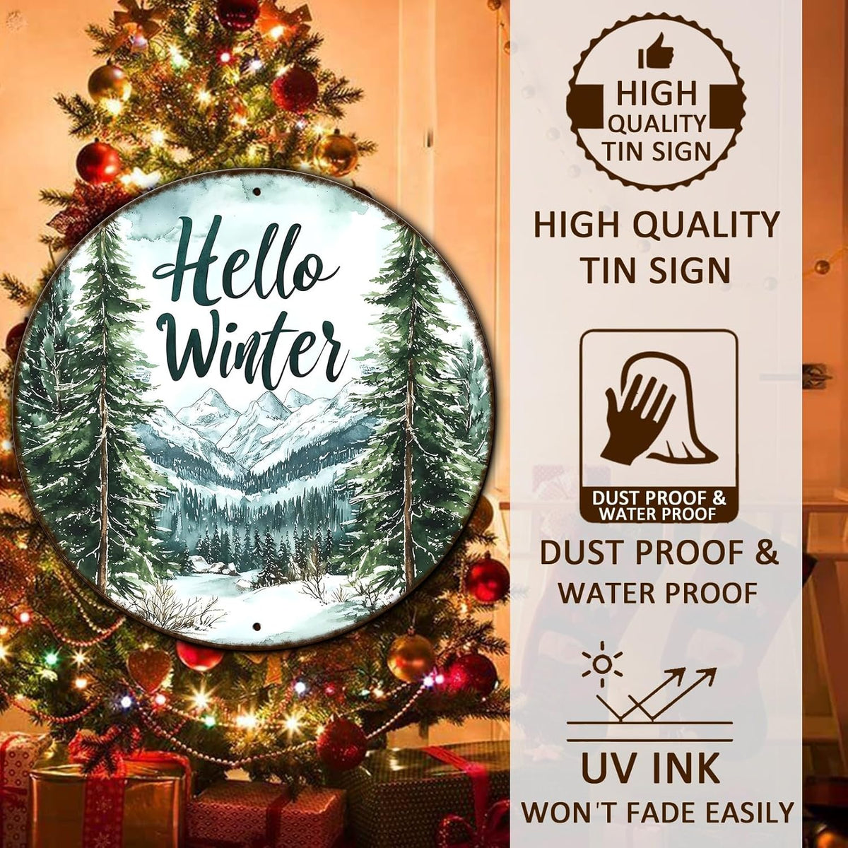 Round Christmas Metal Tin Sign Hello Winter Sign Christmas Pine Trees Welcome Door Sign Xmas Winter