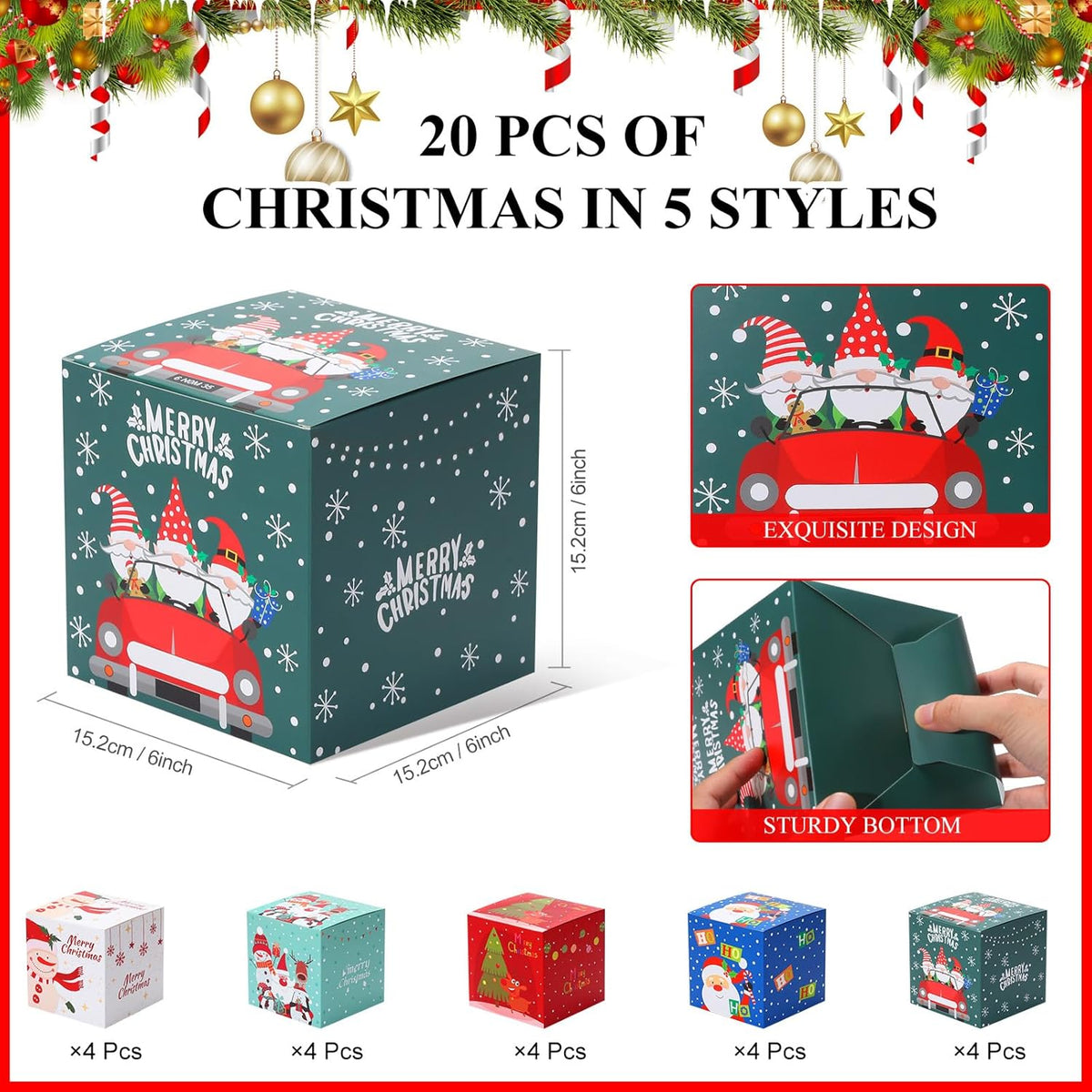 COTOPHER 20 Pcs Christmas Gift Boxes, 6" x 6" x 6" Xmas Candy Boxes for Gift Giving, Paper Treat