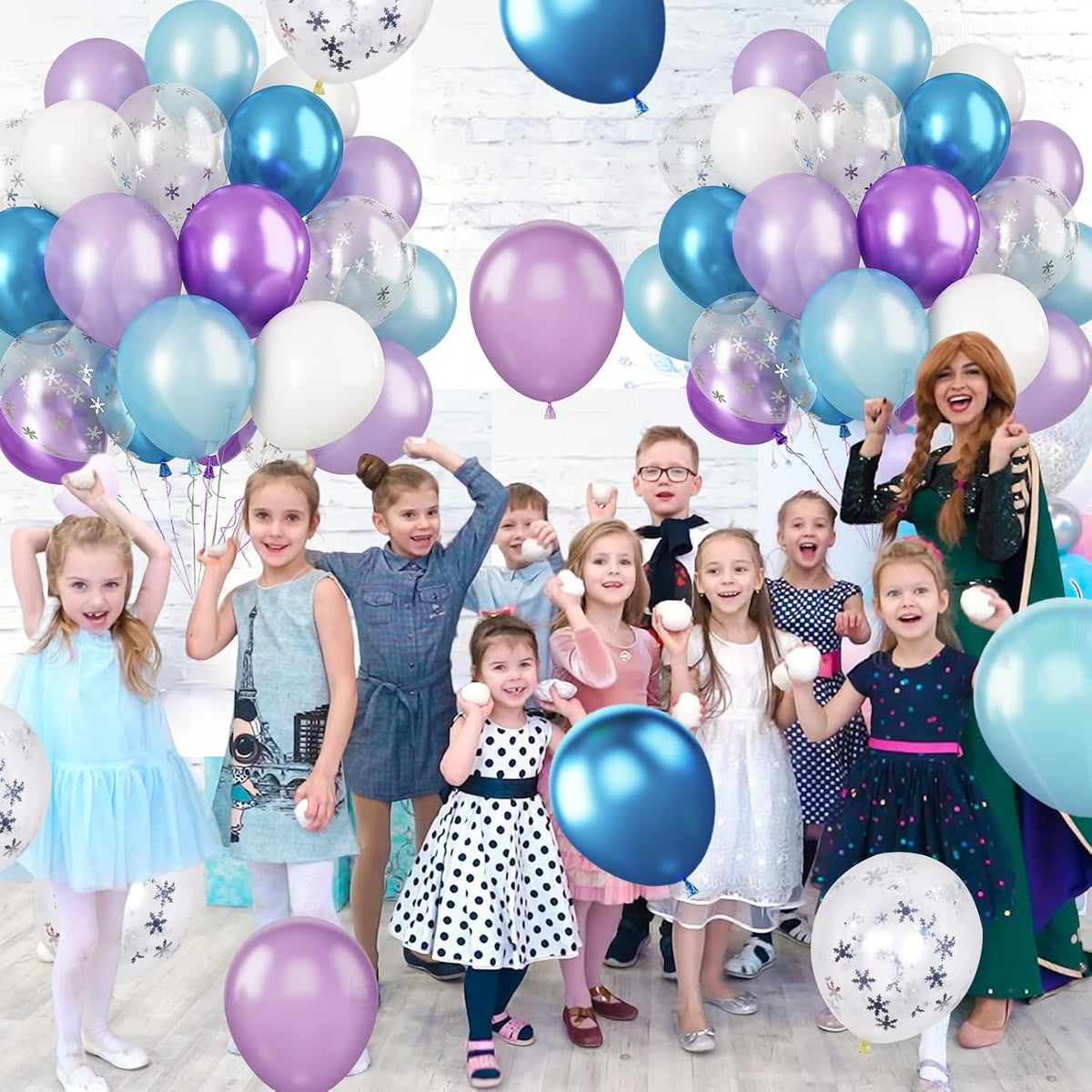Paready Frozen Balloons, 60 Pcs 12 Inch Purple Blue Balloons White and Snow Confetti Latex Balloons