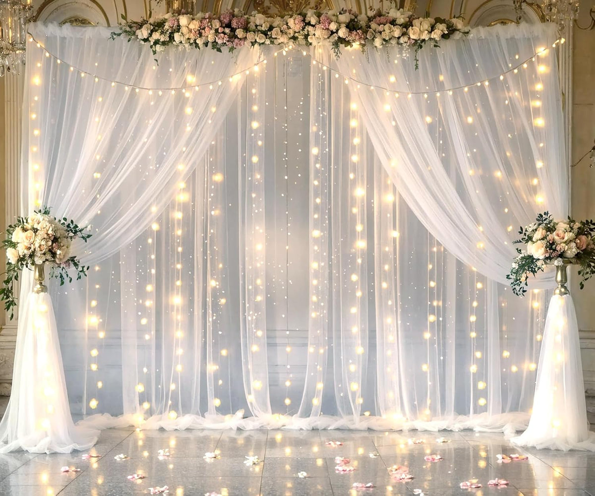 Suppromo White Tulle Backdrop Curtain with Lights String for Parites 20×8ft Sheer Curtains Wedding