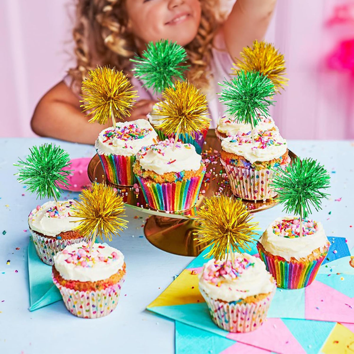 Gyufise 30Pcs Foil Firework Cupcake Toppers Sparkle Tinsel Cake Toppers Tinsel Drink Cake