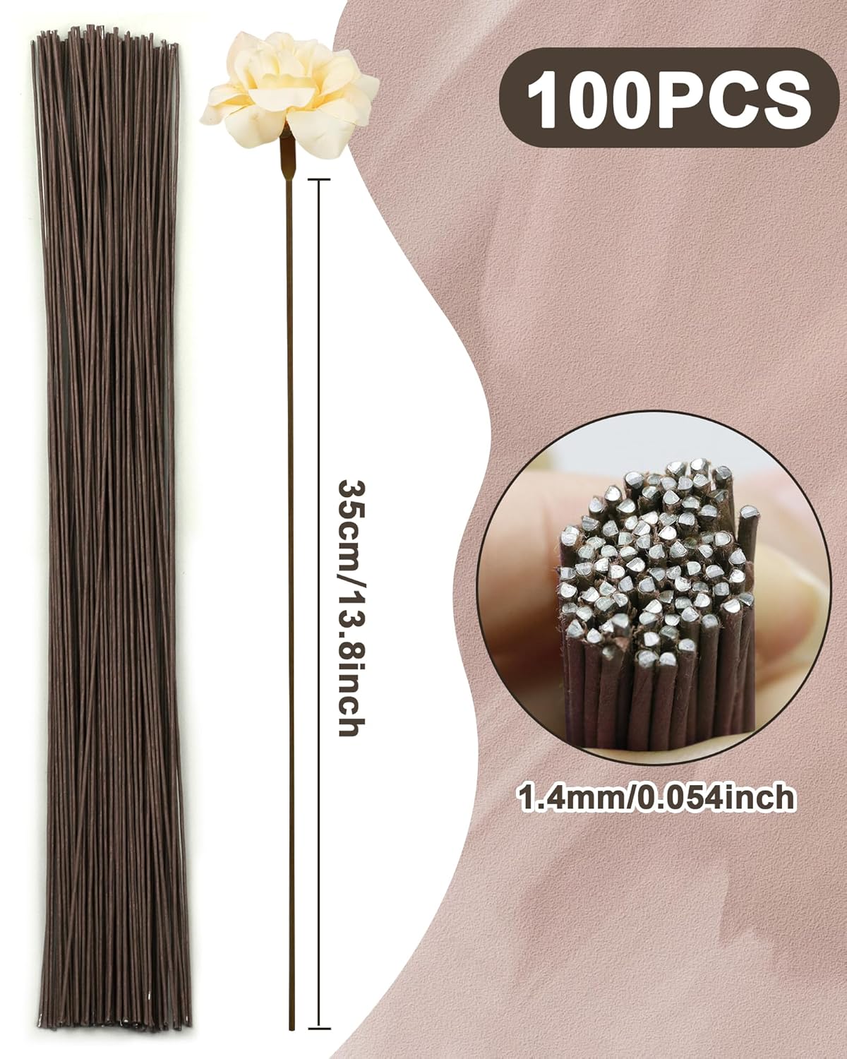 100 PCS FIVEIZERO 18 Gauge Brown Floral Wire Stems for Artificial Flower Making,Florist Wire,Flower