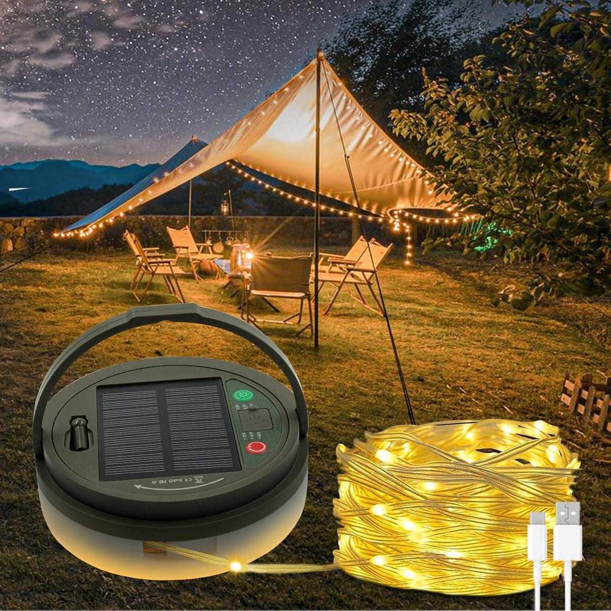 Solar Camping String Lights, 32.8FT Fairy String Lights 130LEDs, 4 In 1 Portable Waterproof Camp