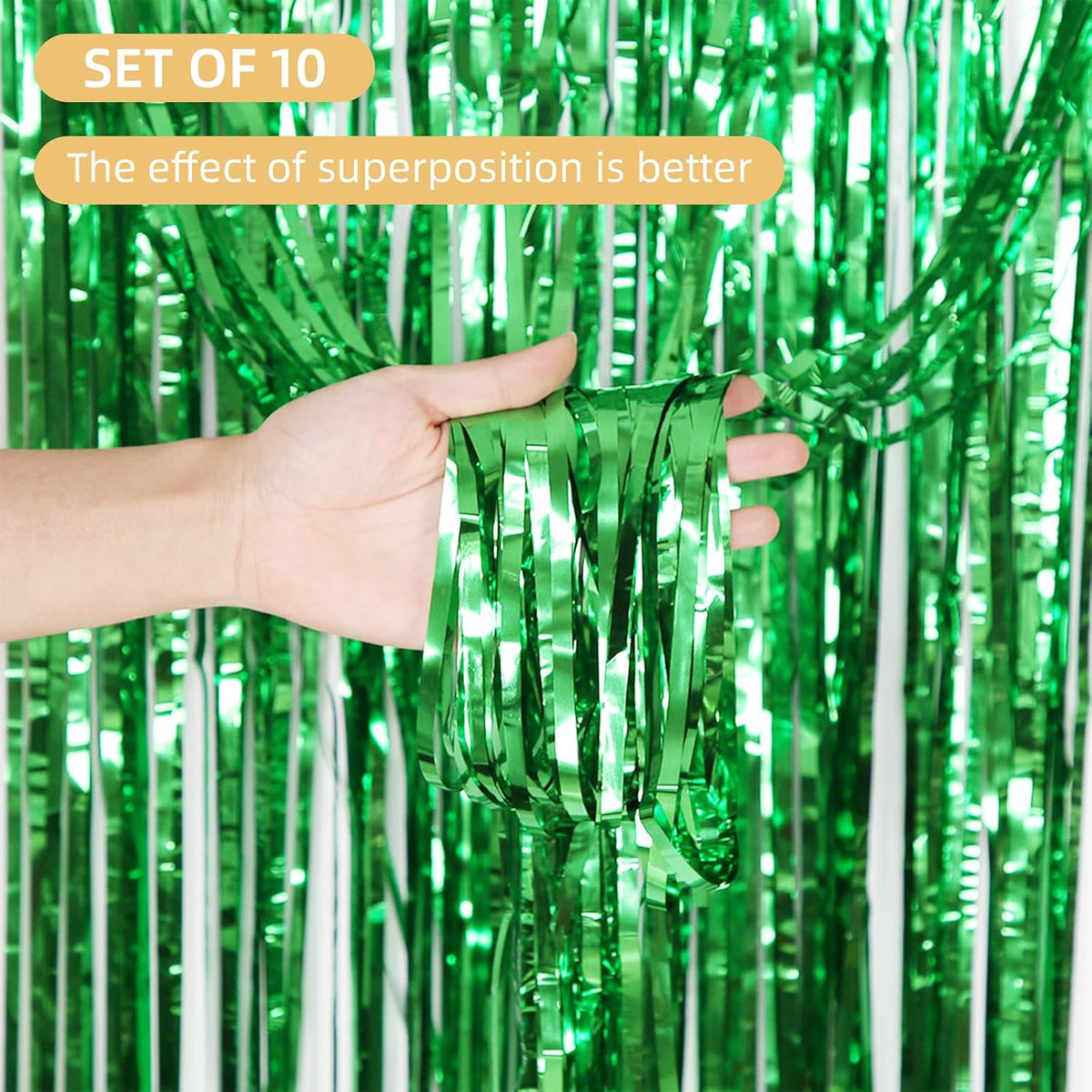 10 Pack Green Backdrop Curtain 3.2ft x 8.2ft Metallic Tinsel Foil Fringe Curtains Photo Booth