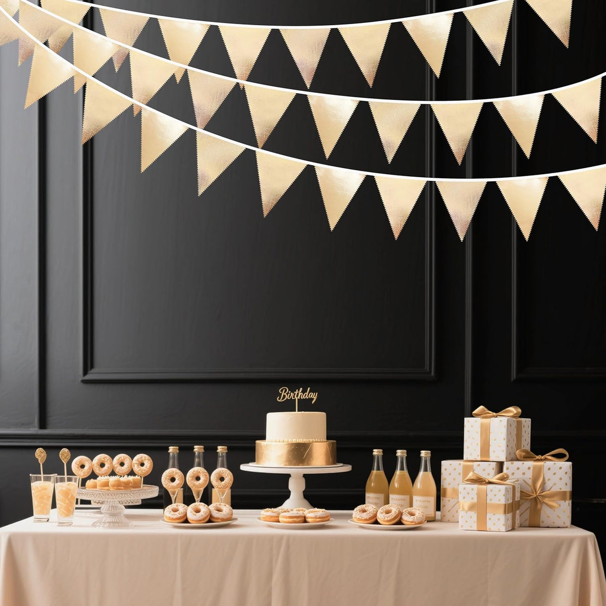 Champagne Gold Party Decoration Metallic Fabric Triangle Pennant Banner Flag Bunting Garland for