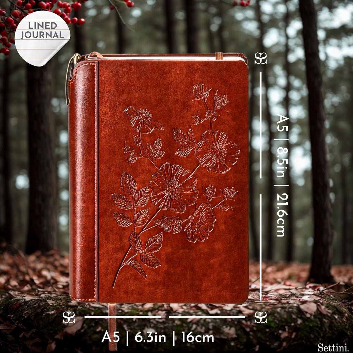 SETTINI® Lined Journal - Flower Journal for Writing Gift Set - Hardcover Vegan Leather, Unique Pen