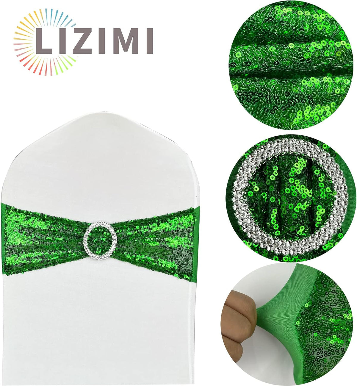 50 Pcs Chair Sashes Sequin Stretch Chair Bands Spandex Polyester Bows for Party Hotel Wedding