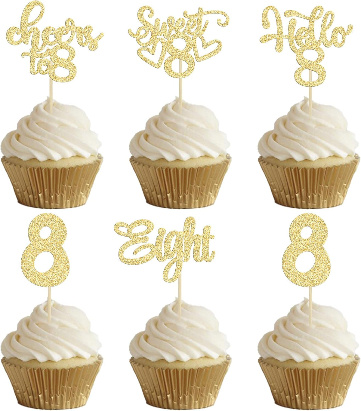 30Pcs 8th Birthday Cupcake Toppers Glitter Eight Hello 8 Cupcake Picks Cheers to 8 Years Old Cake