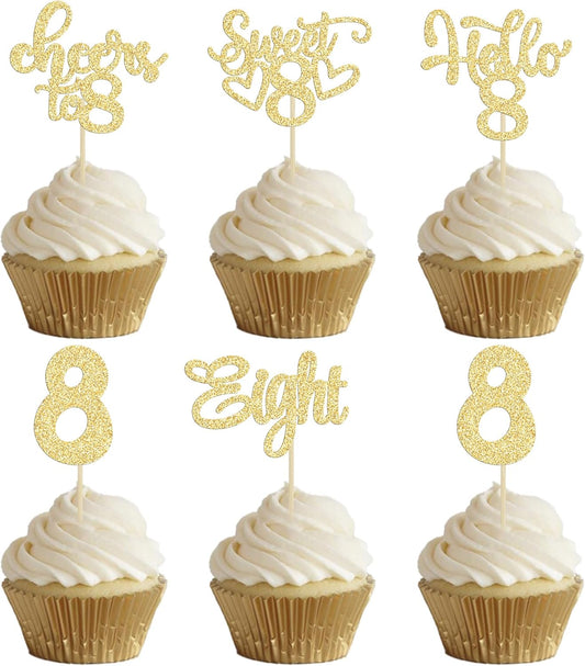30Pcs 8th Birthday Cupcake Toppers Glitter Eight Hello 8 Cupcake Picks Cheers to 8 Years Old Cake