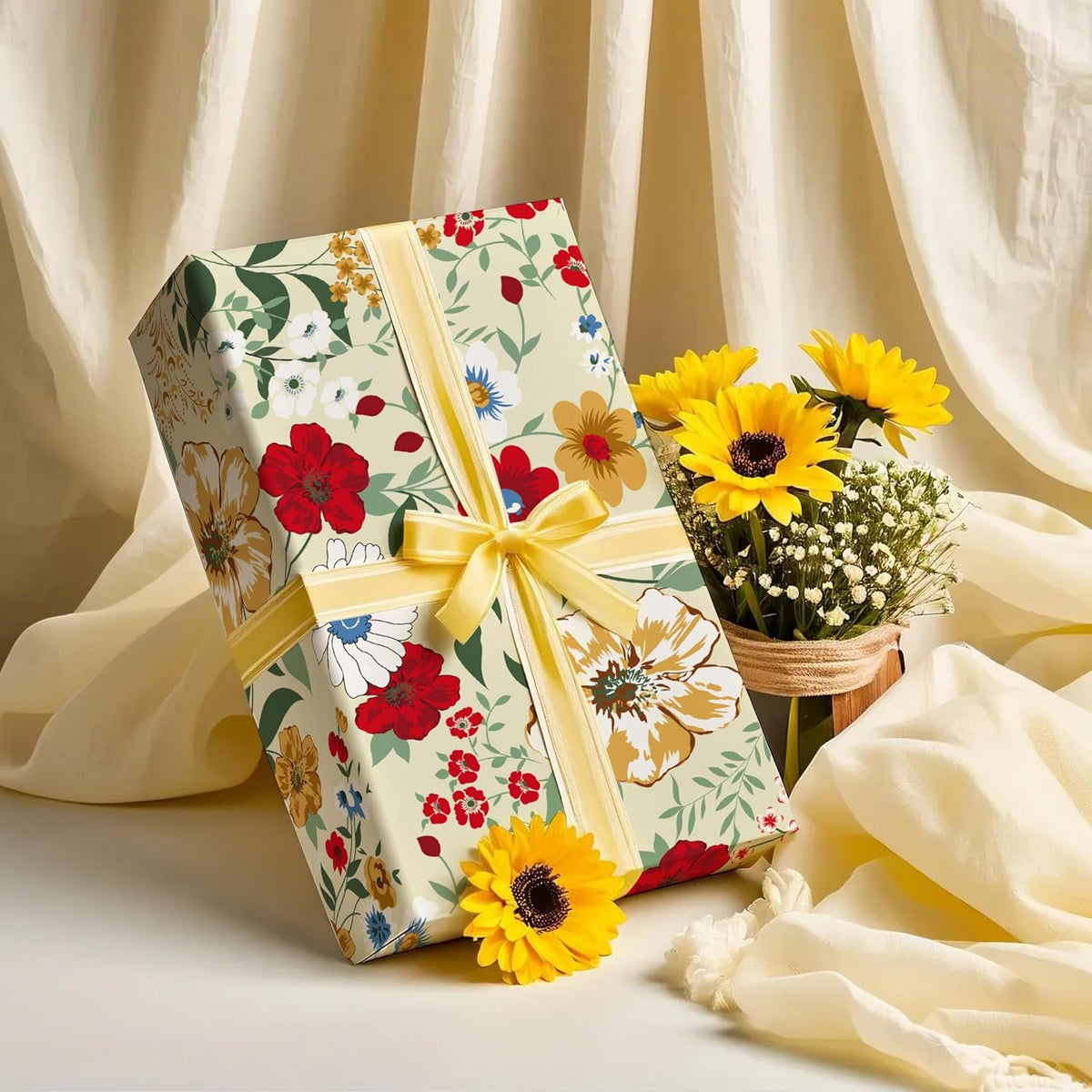 WRAPAHOLIC Floral Wrapping Paper Roll - Mini Roll - 17 Inch x 33 Feet - Wild Flower Wrapping Paper