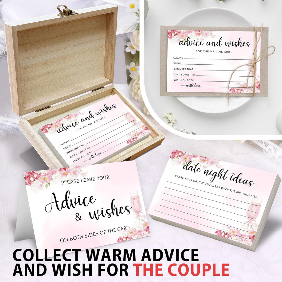 50 Pcs Advice and Wishes for the Mr and Mrs Cards in Box - Bridal Shower Guest Book - Perfect for