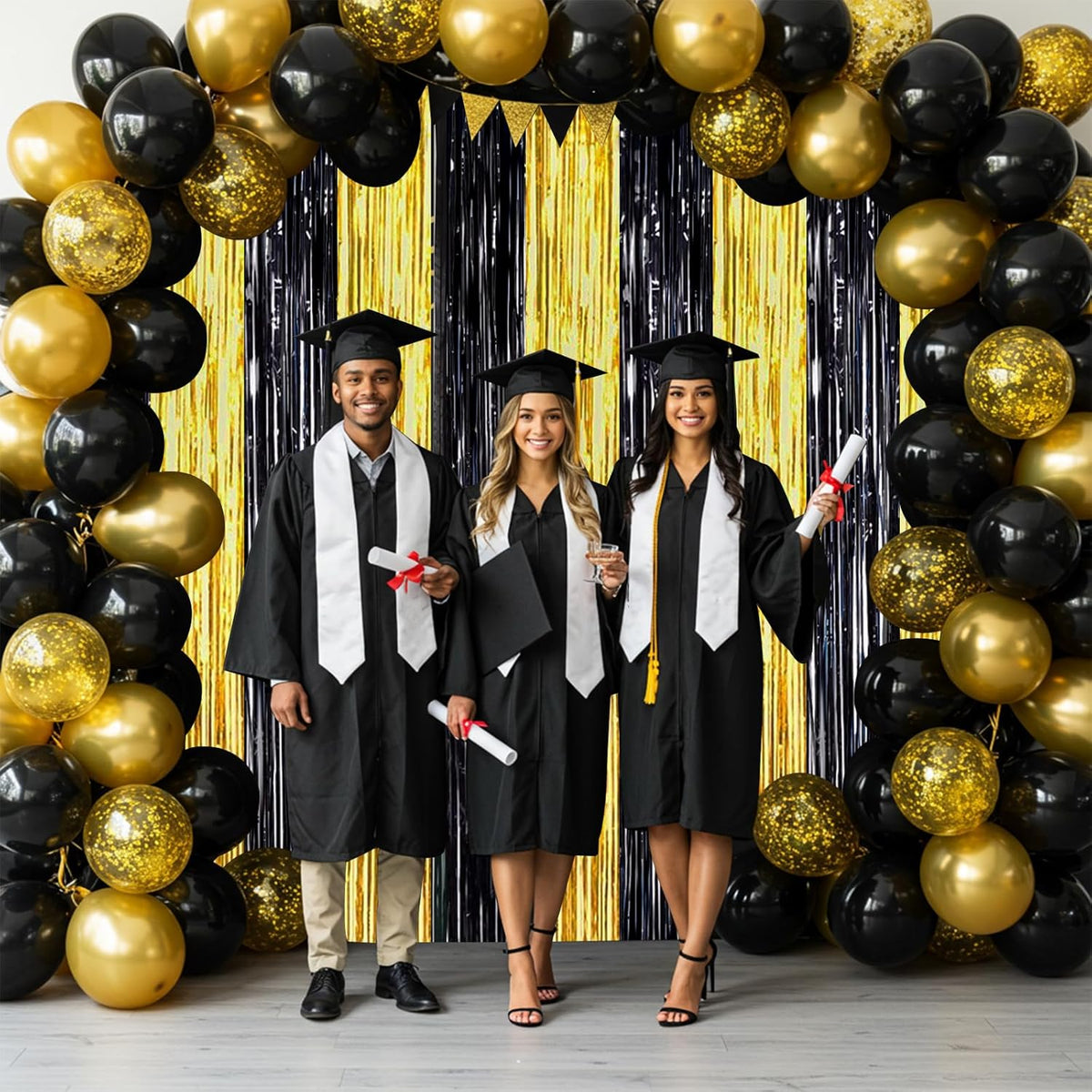 BEISHIDA 2Pcs Black Gold Door Streamers Congrats Grade 2025 Decoration Backdrop Foil Fringe Tinsel
