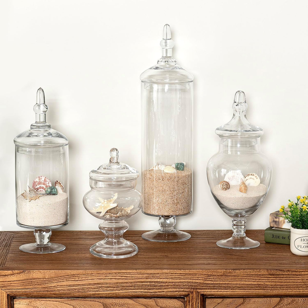 MyGift 4 Piece Set Clear Glass Apothecary Jars with Lids, Bathroom Decor, Candy Buffet, Wedding