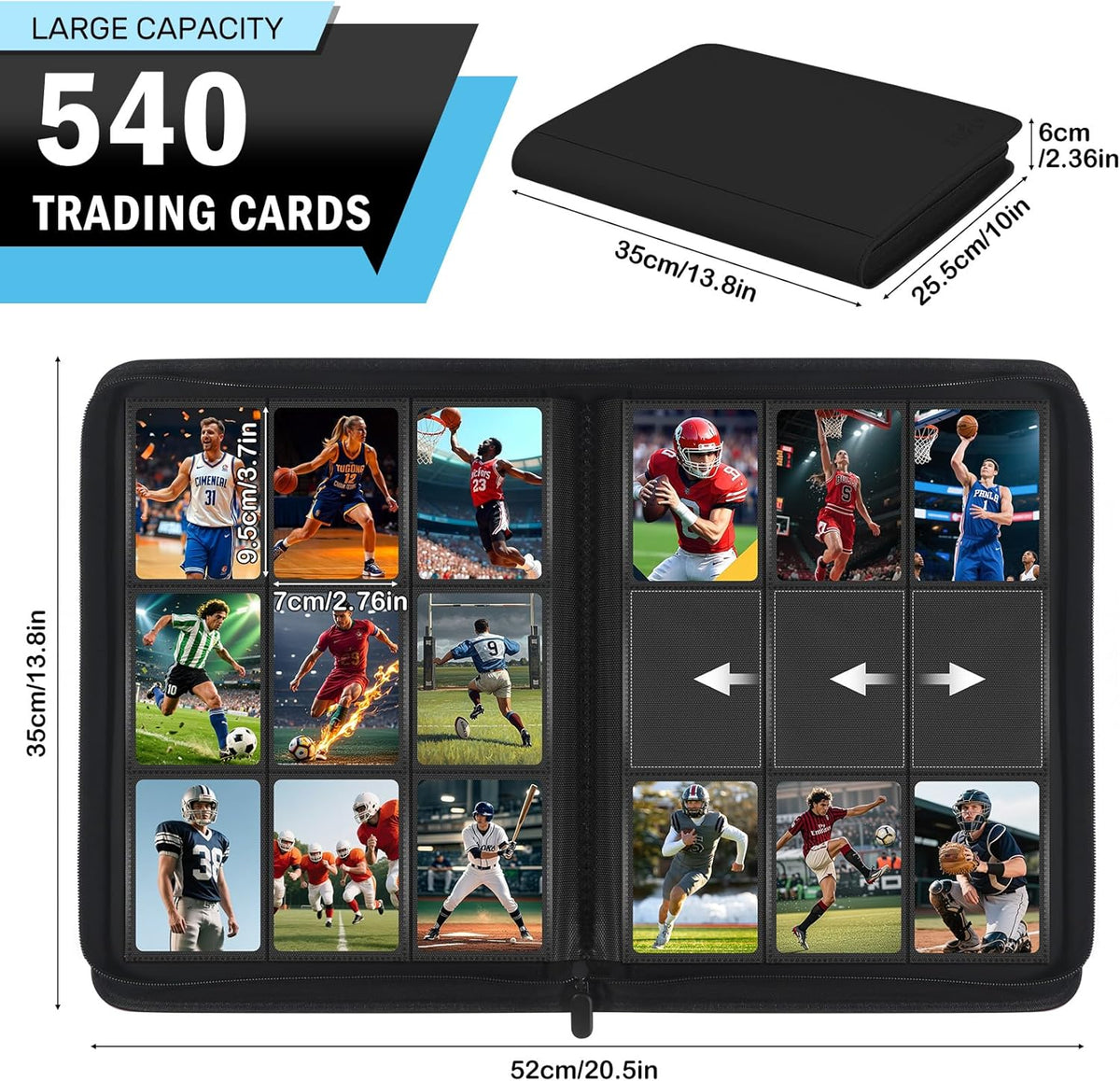 Trading Card Binder 9 Pocket, Zofly Zipper Card Collection Binder Album, Sturdy 540 Side-Loading