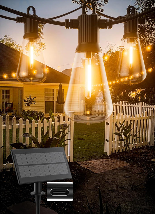 Solar String Lights Outdoor Waterproof 50FT with USB Port and 27 Shatterproof ST38 Bulbs(2 Spare)
