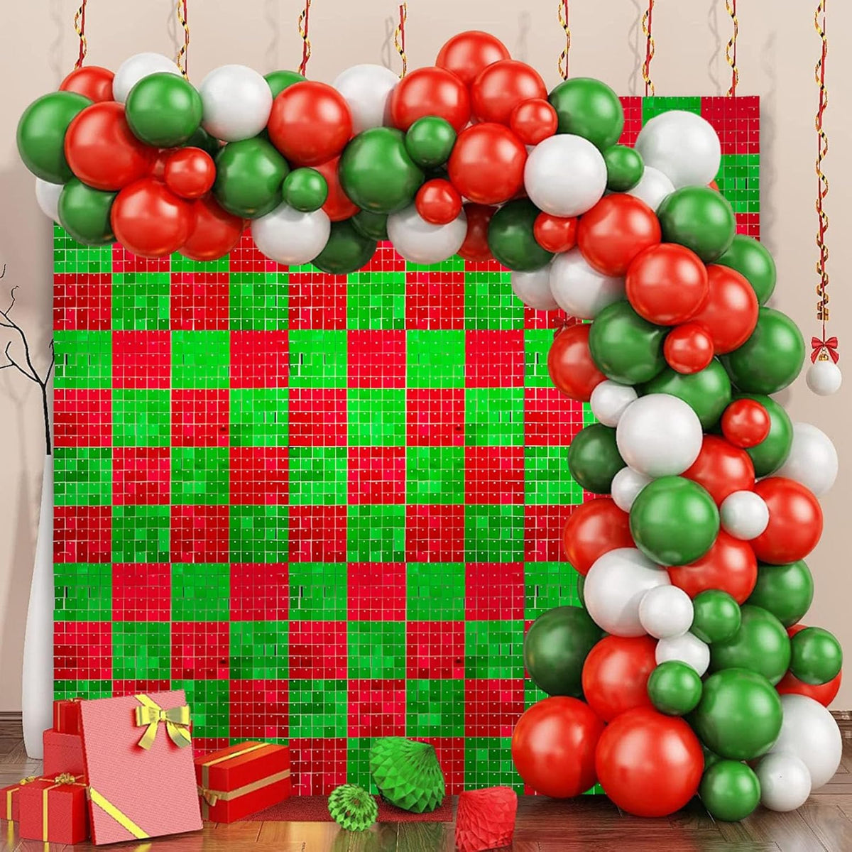 12PCS Red Green Shimmer Wall Backdrop, Laser Square Sequin Photo Backdrops Panel, Glitter Wall