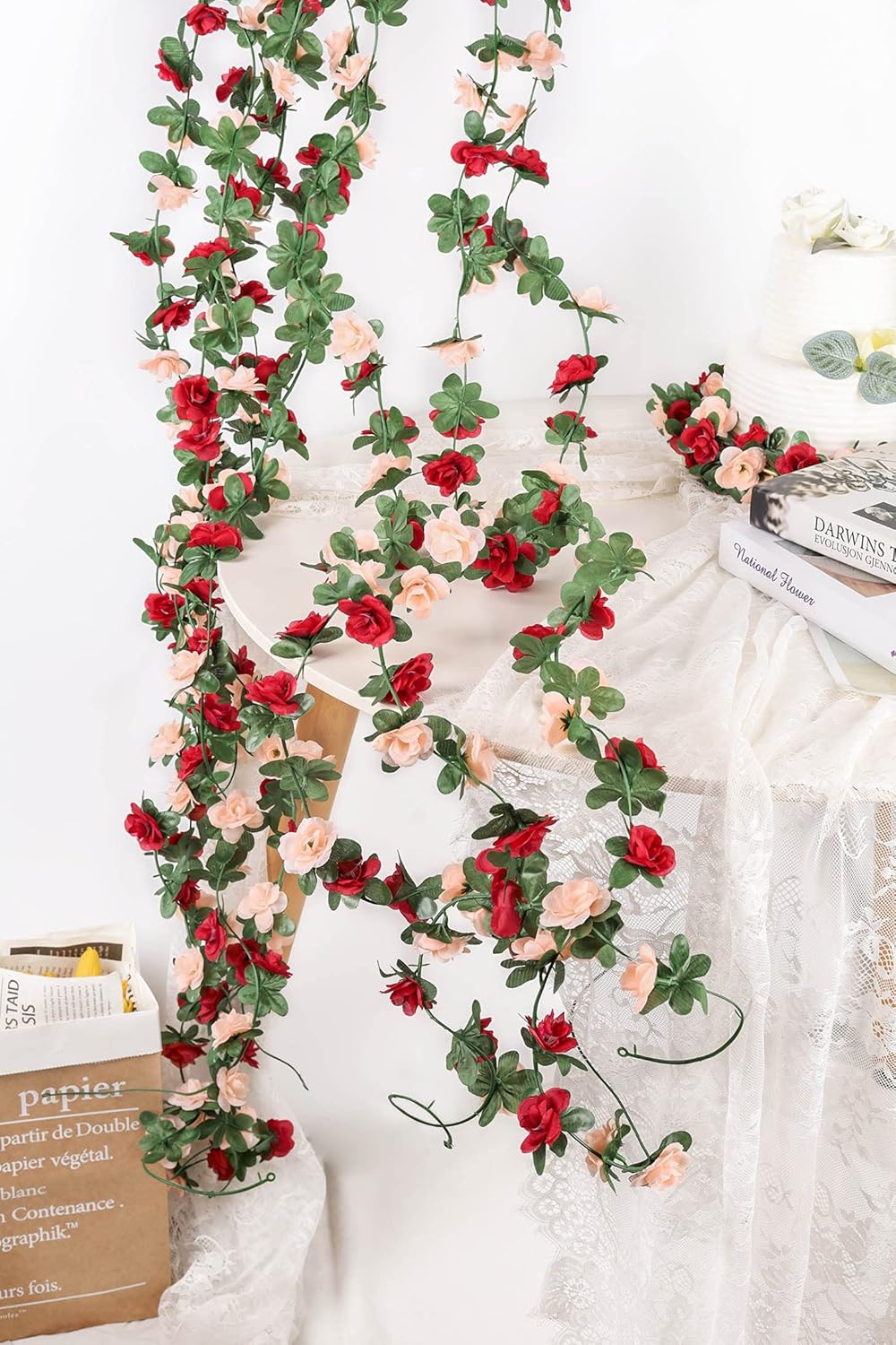 Miracliy 5 Pack 47 FT Fake Rose Vine Flowers Plants Artificial Flower Hanging Rose Ivy Home Hotel